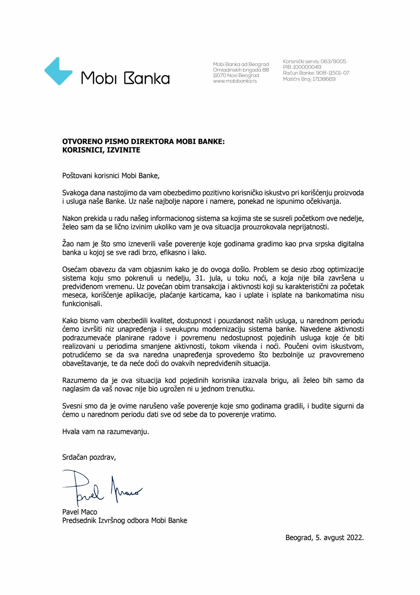 Otvoreno pismo izvinjenja direktora Mobi Banke